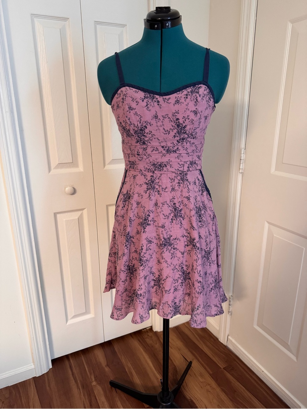 Unique Vintage Rose Pink Mini Dress with Navy Floral Accents